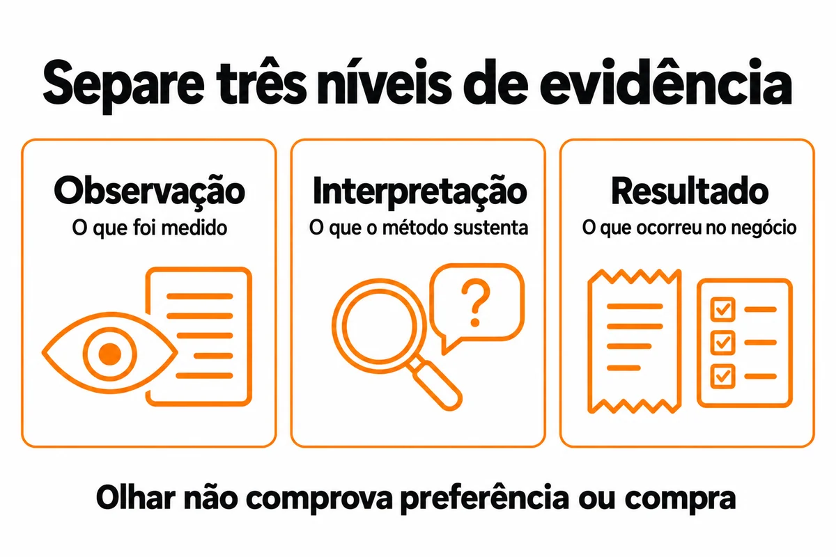 Separe o que foi medido, o que o método sustenta e o que ocorreu no negócio. Olhar não comprova preferência ou compra.