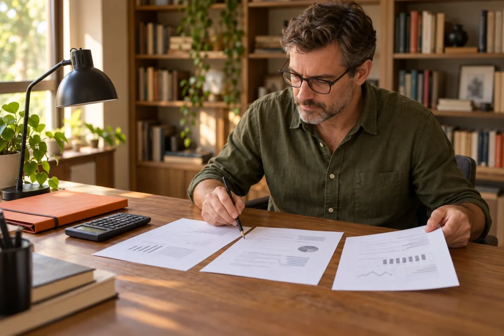 Cena ilustrativa: homem de óculos e camisa verde-oliva revisa três folhas com lápis à mesa de uma biblioteca, com calculadora grafite e pasta laranja ao lado.