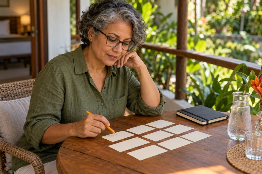 Cena ilustrativa: mulher de cabelos grisalhos e camisa verde-oliva confere fichas de papel com um lápis laranja numa mesa de madeira na varanda.