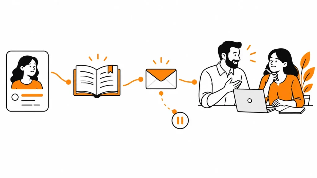 Perfil de contato conectado a um livro, envelope e conversa entre dois profissionais, com uma ramificação para um símbolo de pausa