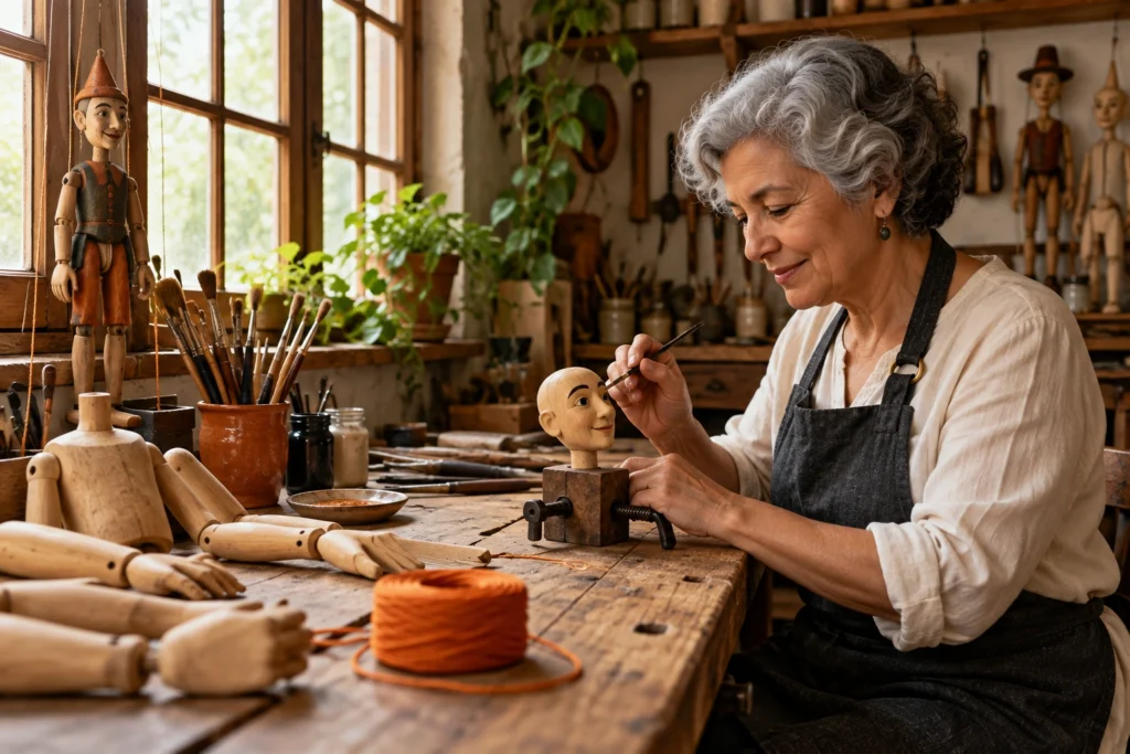 Cena ilustrativa: artesã pinta a cabeça de madeira de uma marionete inacabada numa oficina com luz natural. Não representa equipe, cliente, pesquisa ou produção reais.