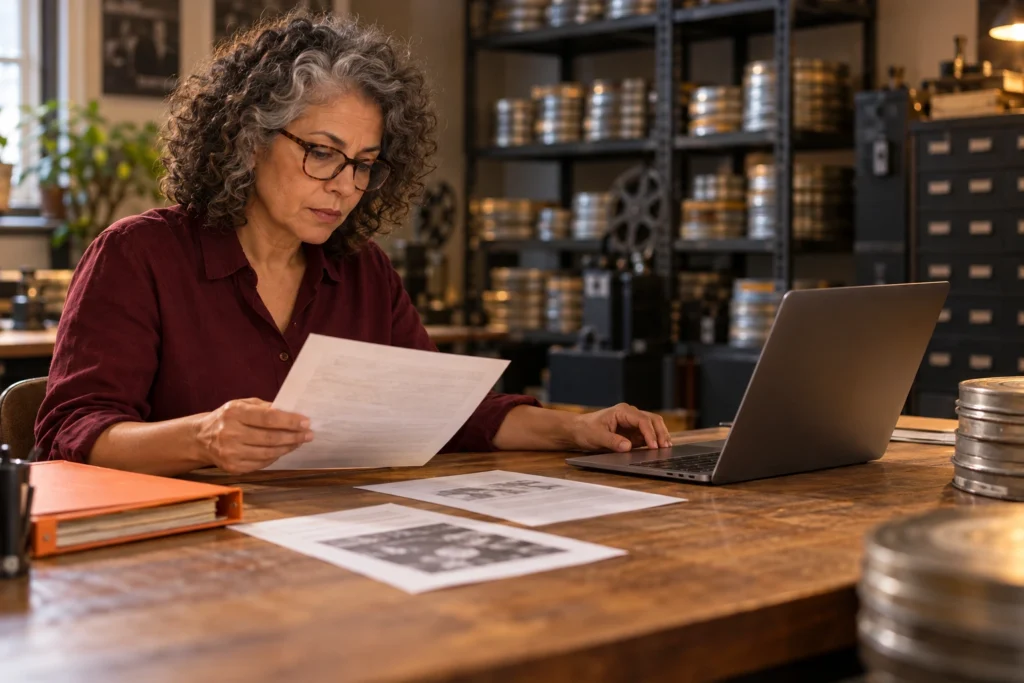 Cena ilustrativa: uma mulher revisa documentos genéricos em uma sala fictícia de arquivo de cinema. A imagem não documenta pesquisa, acervo, cliente ou equipe reais.