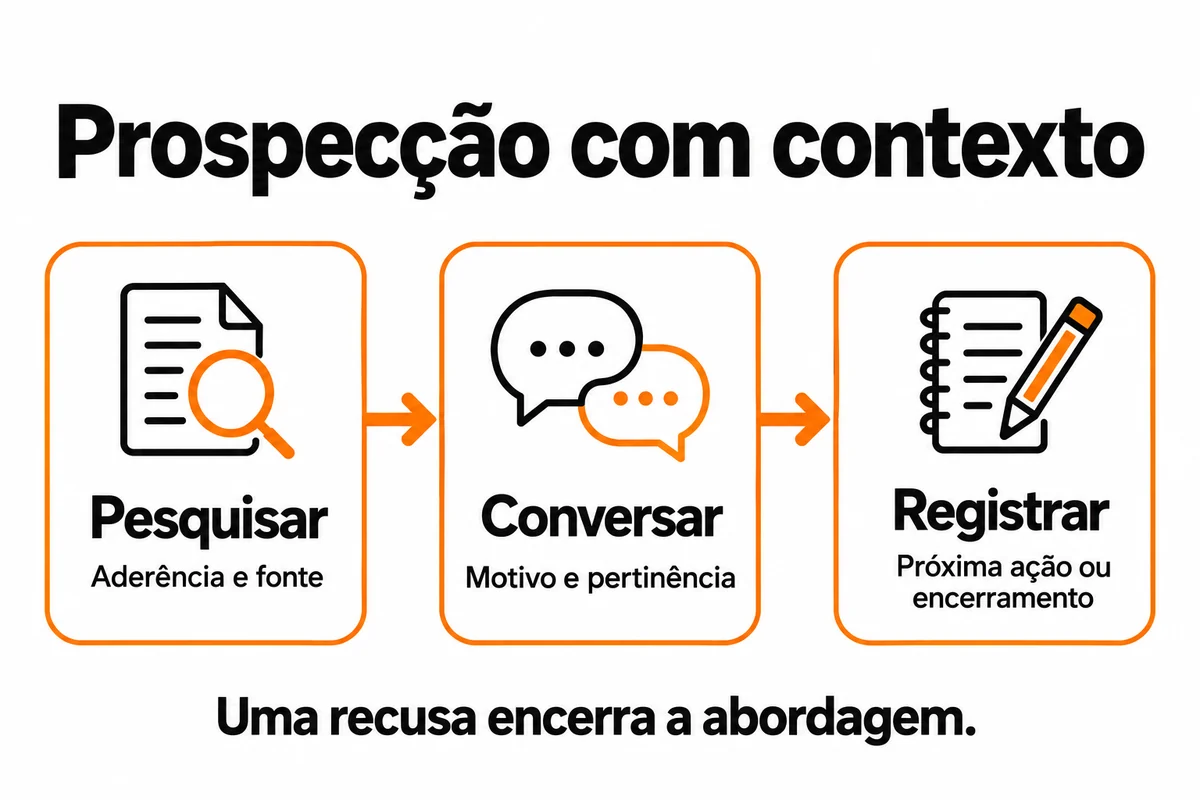Pesquisa de aderência e fonte, conversa sobre motivo e pertinência, registro da próxima ação ou encerramento. Uma recusa encerra a abordagem.