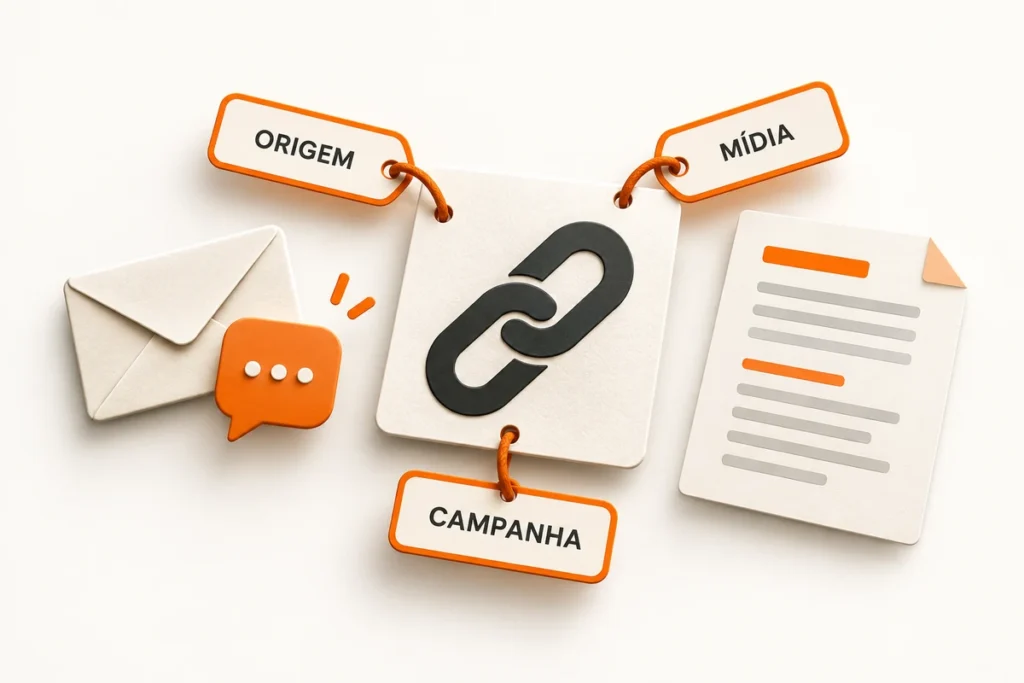 Símbolo de link conectado às etiquetas Origem, Mídia e Campanha, entre um envelope e uma folha de relatório.