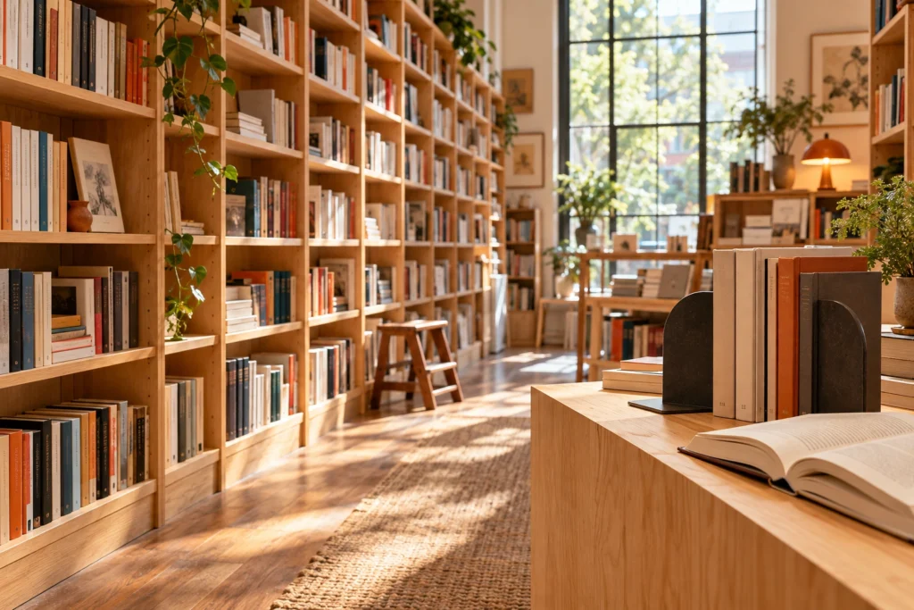 Cena ilustrativa: corredor de uma pequena livraria fictícia, com estantes, livros e uma bancada com apoios de livro. Não representa catálogo, loja, produto ou teste reais.