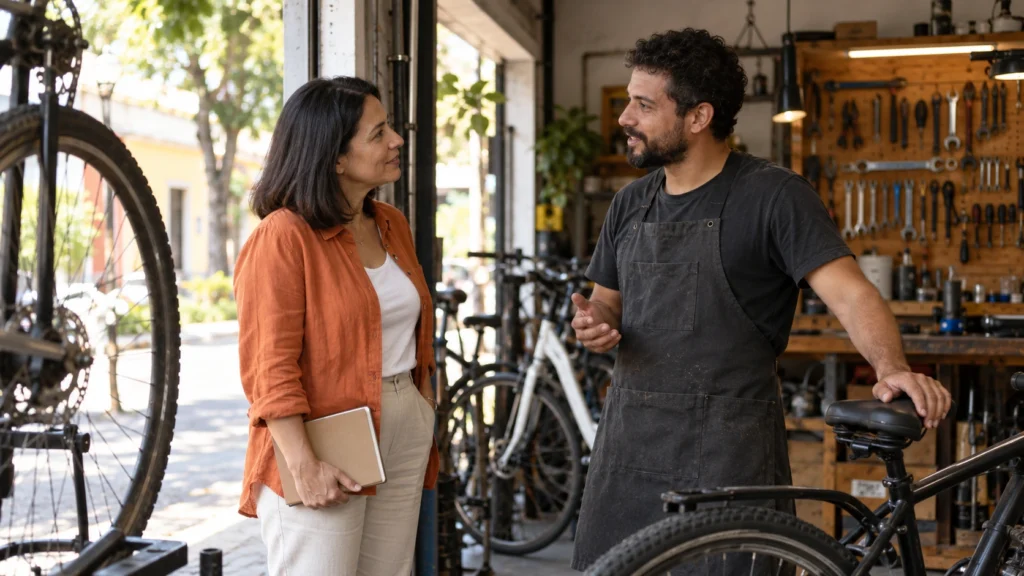 Cena ilustrativa: pesquisadora conversa com um profissional na entrada de uma oficina de bicicletas.