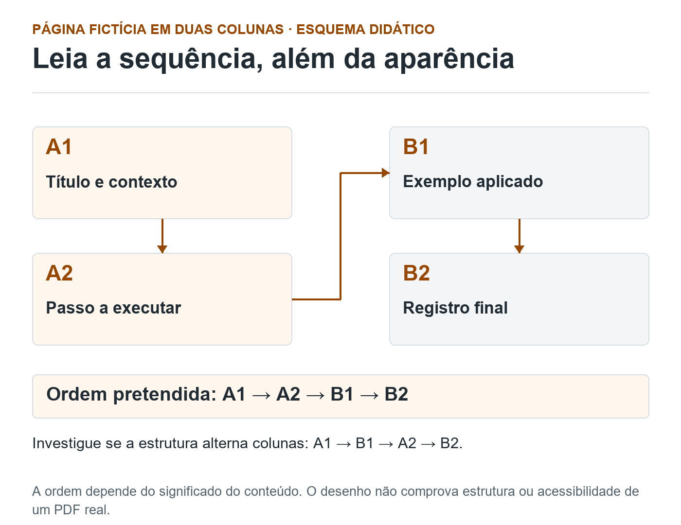 Quatro blocos em duas colunas com setas na ordem A1, A2, B1, B2. O esquema contrasta essa sequência com a alternância entre colunas.