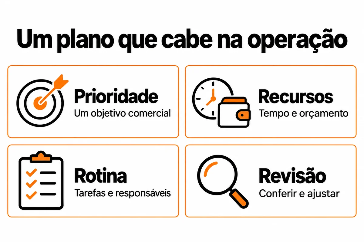 Plano de marketing para pequenas empresas: prioridade com um objetivo comercial; recursos de tempo e orçamento; rotina com tarefas e responsáveis; revisão para conferir e ajustar.
