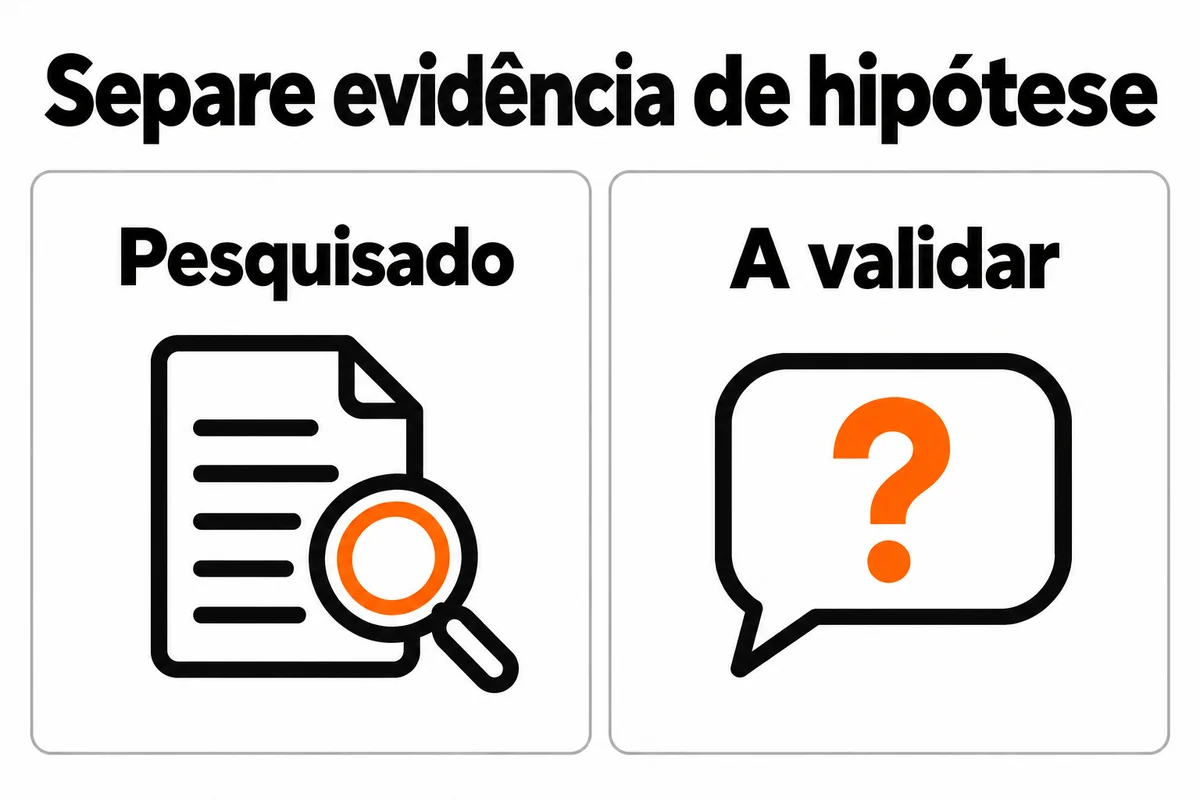 Dois cartões distinguem pesquisado, com documento e lupa, de a validar, com balão e ponto de interrogação.