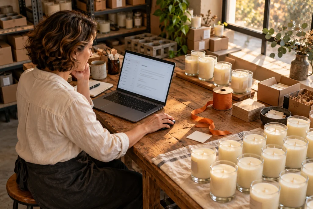 Cena ilustrativa: responsável por uma oficina de velas revisa uma mensagem no notebook, com potes de cera, embalagens e fita laranja sobre a bancada.