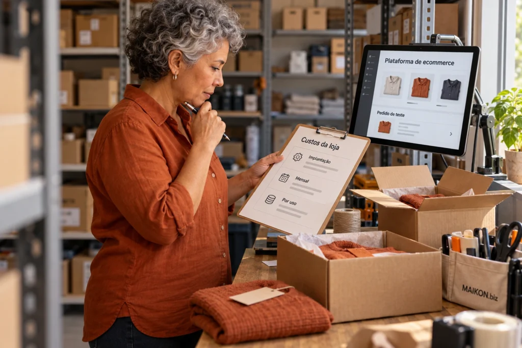 Cena ilustrativa de escolha de plataforma de e-commerce: empreendedora confere custos ao lado de um catálogo digital, um pedido de teste e caixas para embalagem.