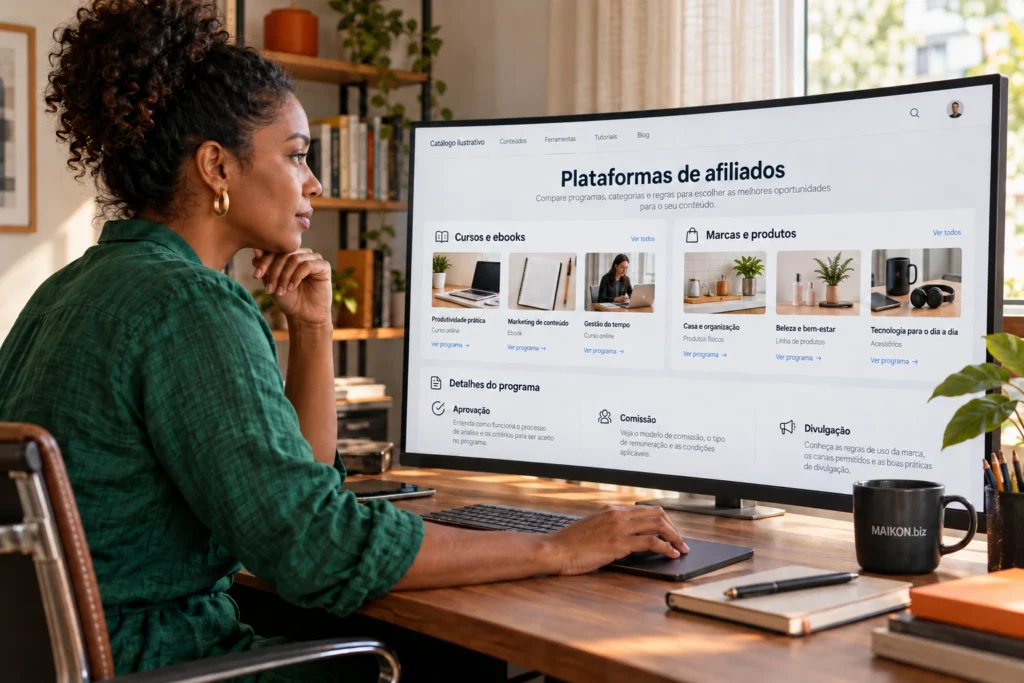 Cena ilustrativa de comparação de plataformas de afiliados: criadora consulta catálogos de programas e regras de aprovação, comissão e divulgação.