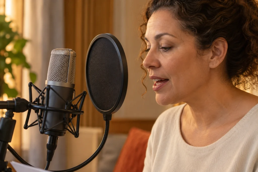 Cena ilustrativa: mulher fala diante de um microfone de captação lateral, com pop filter circular entre a boca e a grade, num estúdio com luz quente e detalhe laranja.
