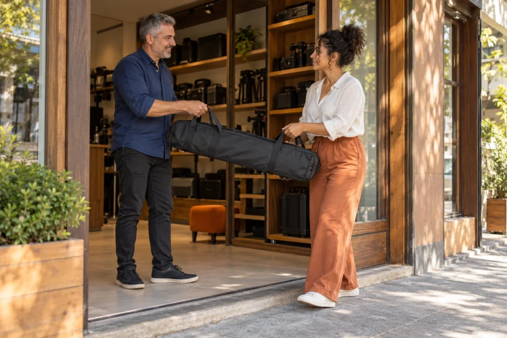 Cena ilustrativa: duas pessoas passam uma bolsa de tripé na entrada de uma locadora de equipamentos fotográficos. Não representa cliente, equipe, entrega ou treinamento reais.