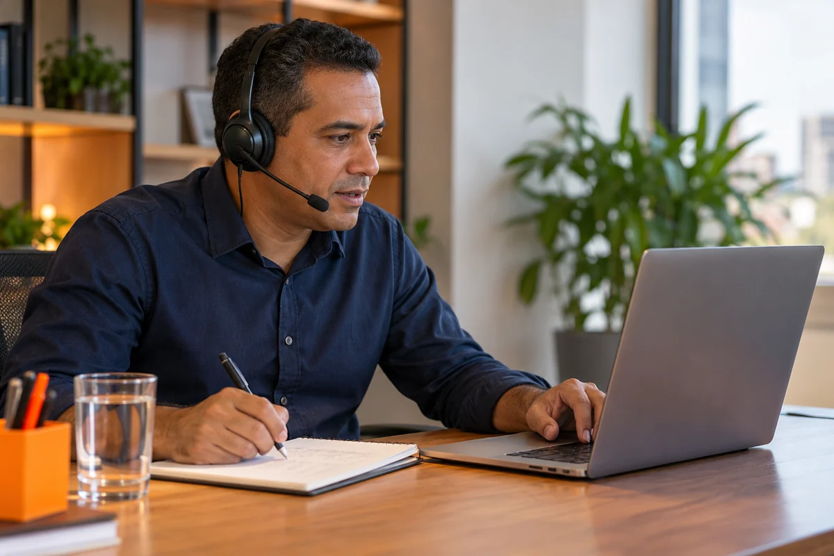 Profissional com headset conversa diante do notebook e faz anotações em um caderno sobre a mesa.