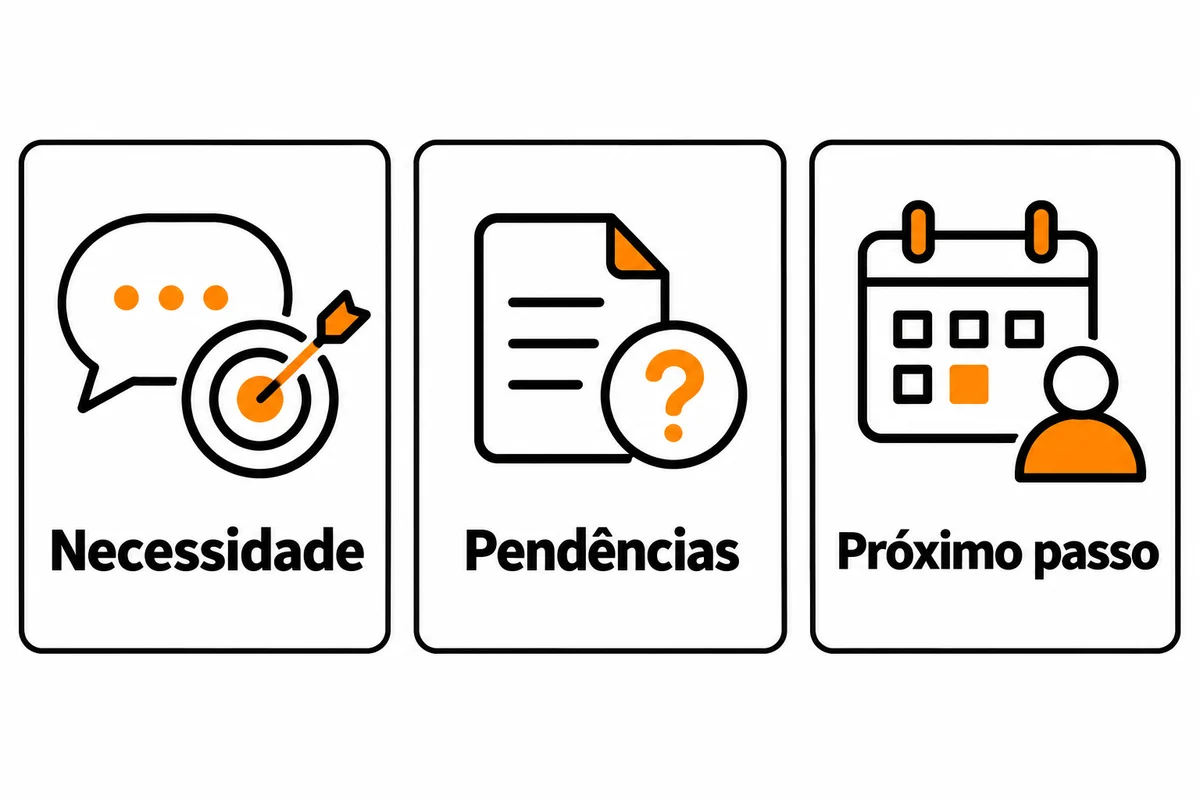 Três cartões apresentam necessidade, pendências e próximo passo com ícones de conversa, documento e calendário.