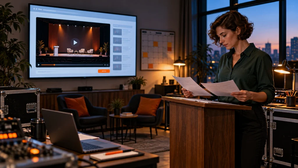 Cena ilustrativa: produtora compara duas folhas de relatório diante de um monitor com replay conceitual de um palco vazio.