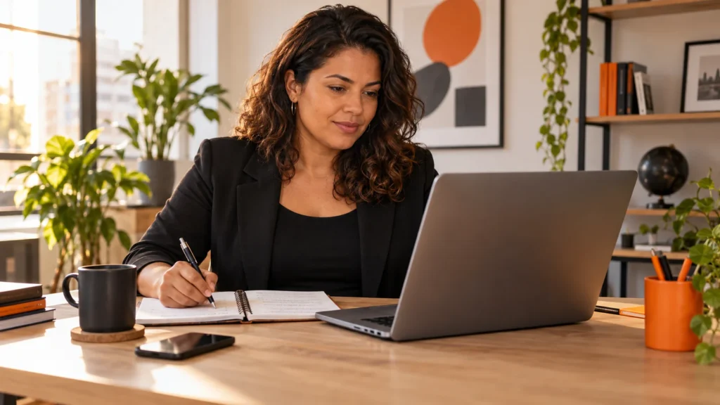 Redatora trabalha no notebook e faz anotações em um caderno sobre a mesa.