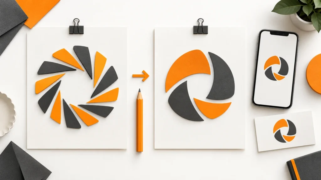 Símbolo abstrato detalhado ao lado de uma versão simplificada, aplicada em celular e cartão, em branco, grafite e laranja.