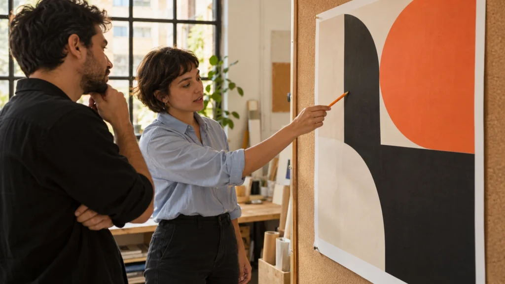 Cena ilustrativa: designer aponta uma região de cartaz abstrato no painel enquanto um colega acompanha a revisão.