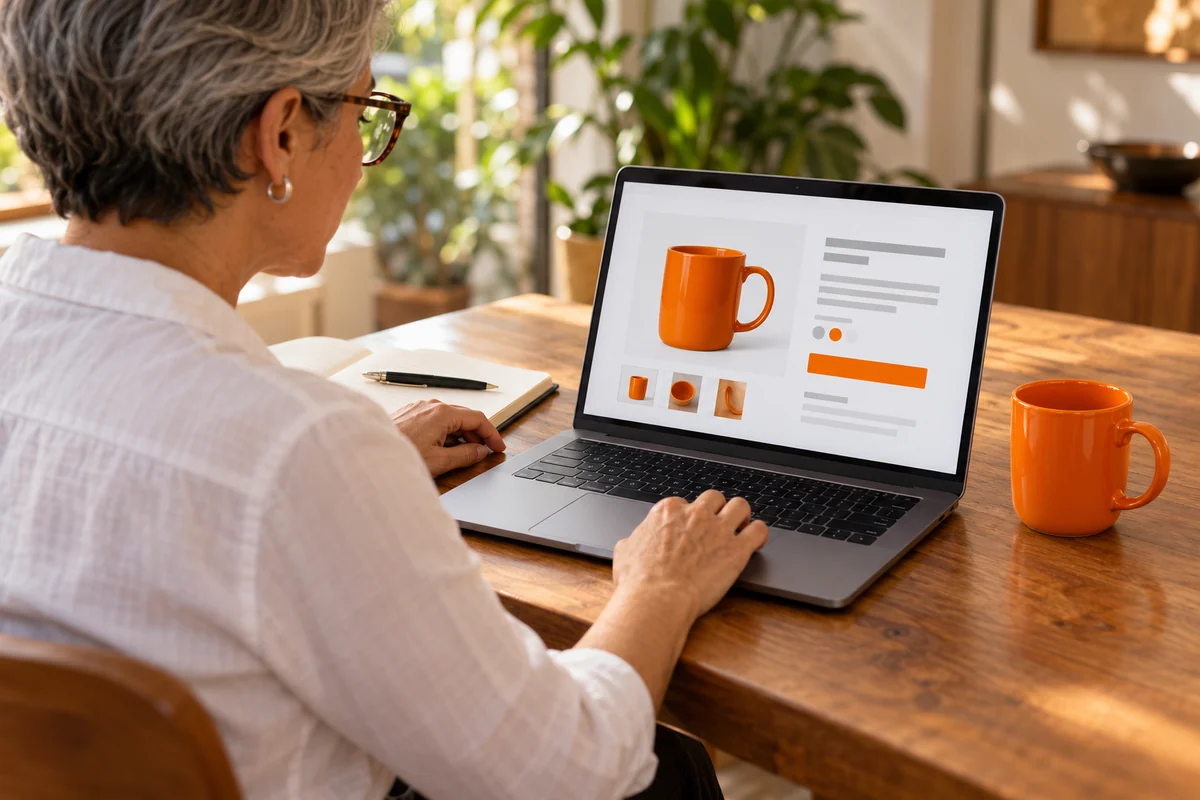 Profissional confere uma página conceitual de caneca laranja no notebook, com a caneca ilustrativa sobre a mesa ao lado.