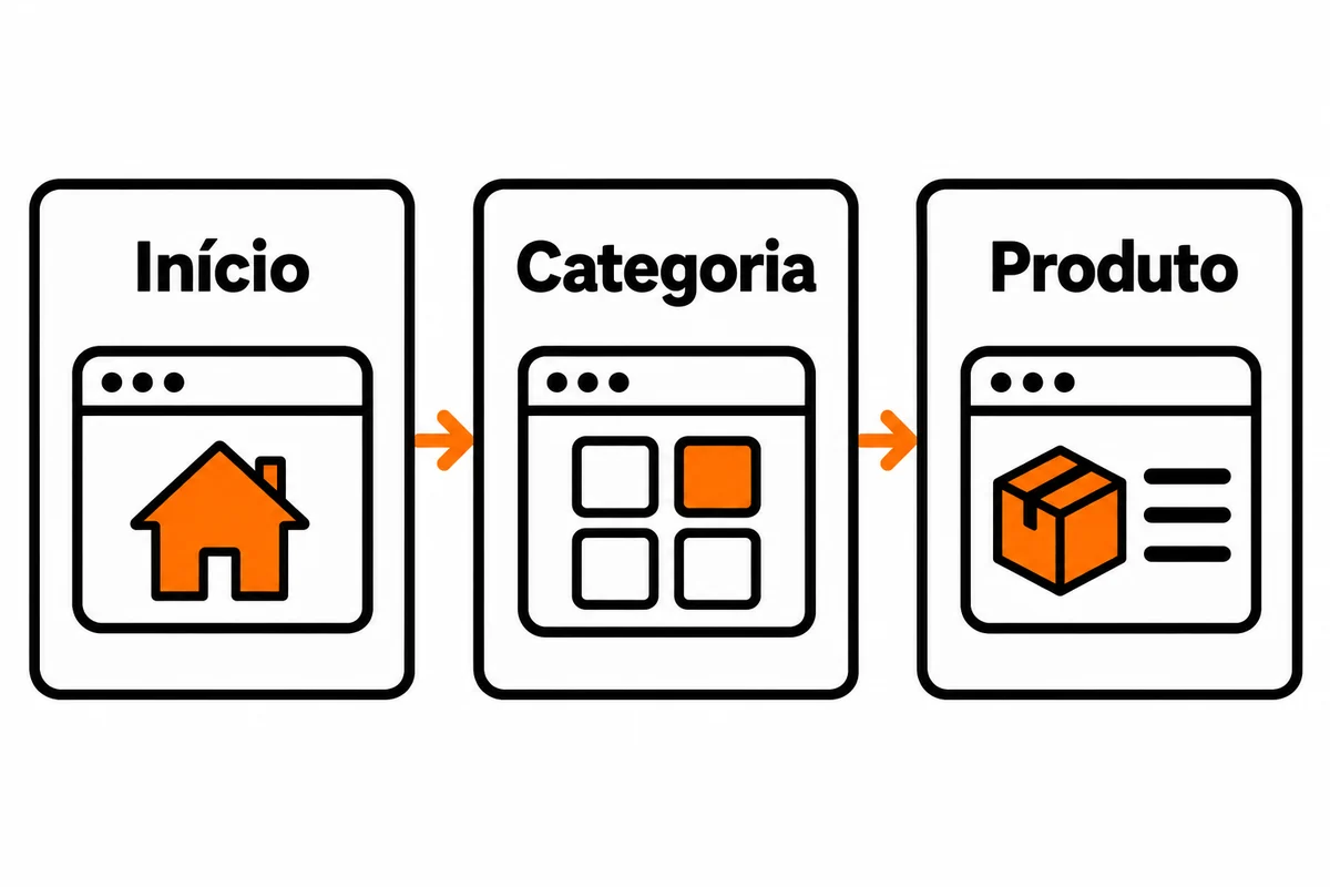 Três cartões mostram um exemplo de navegação por links entre início, categoria e página de produto.