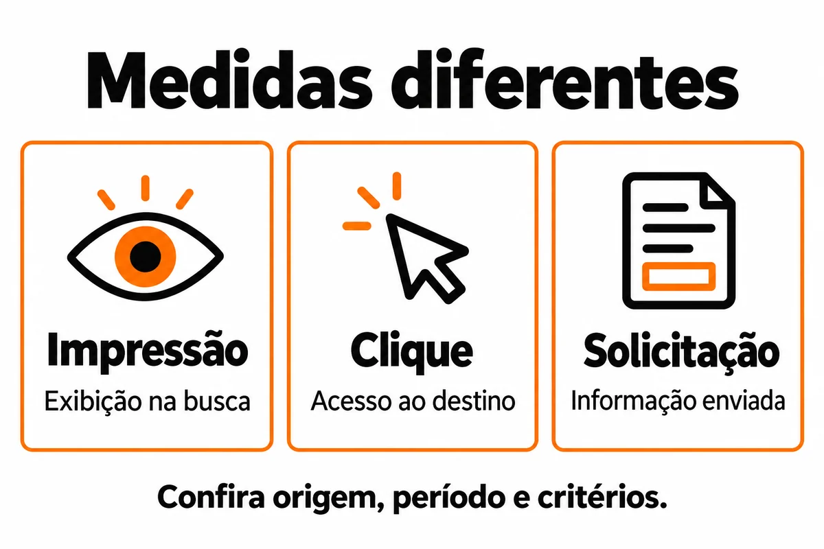 Três cartões distinguem impressão como exibição na busca, clique como acesso ao destino e solicitação como informação enviada.