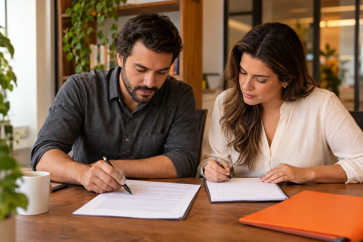 Duas pessoas conferem um texto impresso sobre a mesa e registram observações em uma lista.
