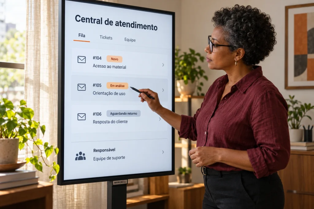 Profissional analisa em um monitor vertical uma central conceitual de atendimento com fila de tickets, solicitações, estados e equipe responsável.