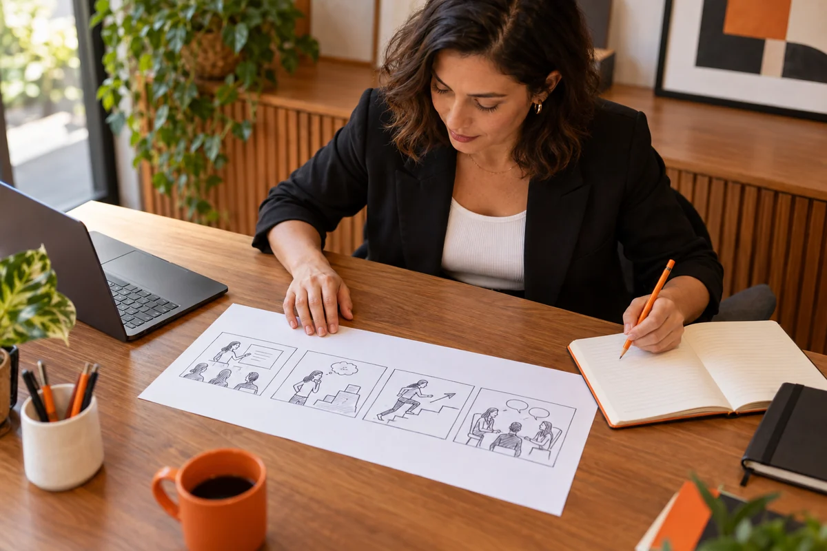 Profissional organiza um roteiro com lápis laranja e uma folha de storyboard apoiada de face para cima sobre a mesa.