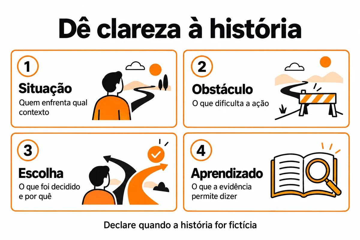 Quatro pontos para dar clareza à história: situação, obstáculo, escolha e aprendizado. Declare quando a história for fictícia.