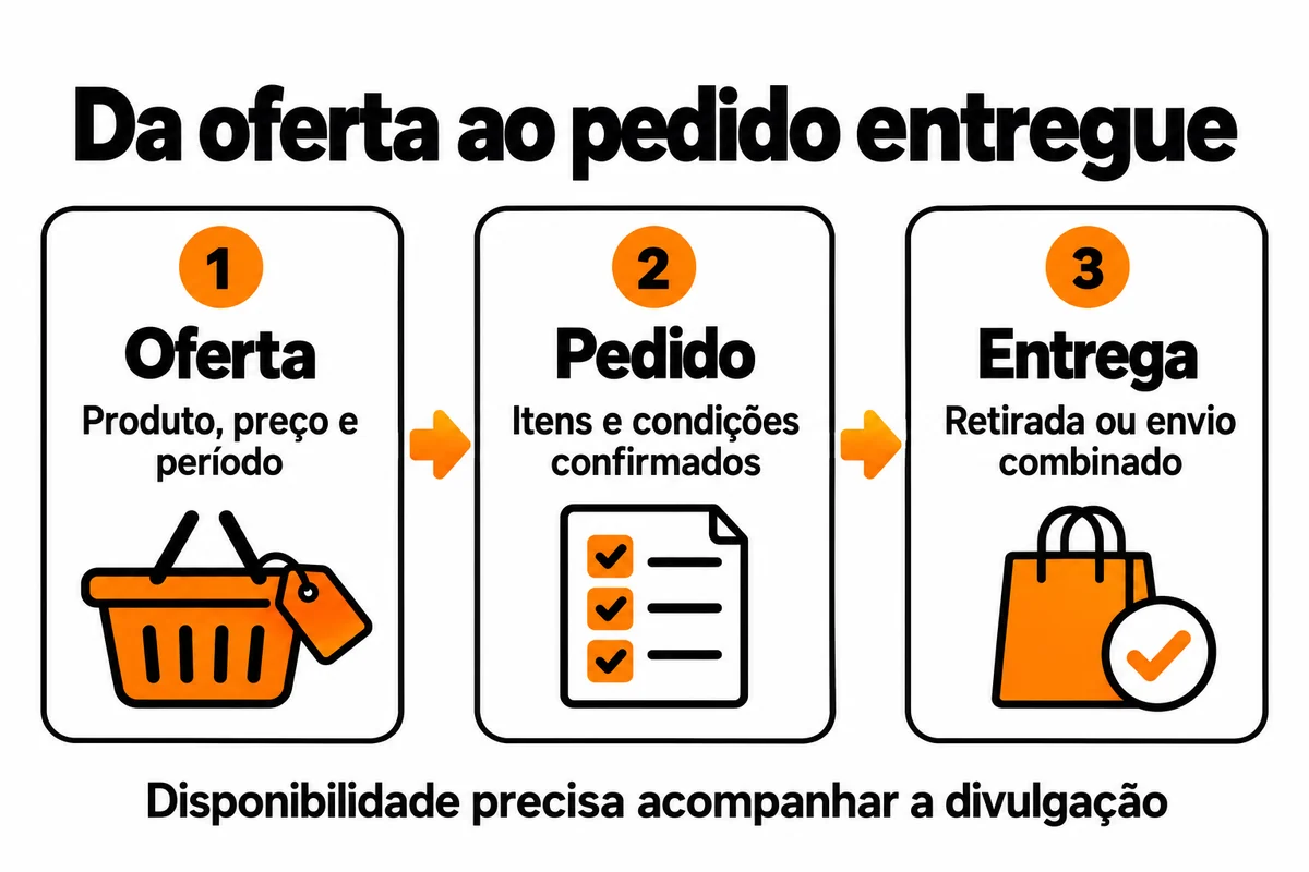 Oferta com produto, preço e período; pedido com itens e condições confirmados; entrega por retirada ou envio combinado. Disponibilidade precisa acompanhar a divulgação.