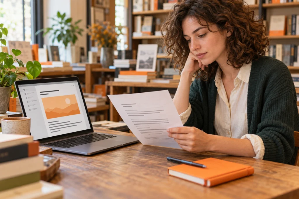 Cena ilustrativa: mulher de cabelos cacheados compara uma folha com um e-mail genérico no notebook, em uma livraria com mesa de madeira e caderno laranja.