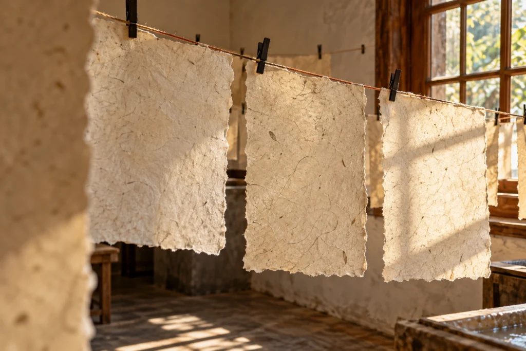 Cena ilustrativa: folhas de papel artesanal secam suspensas por pequenos prendedores em uma oficina iluminada por janela. Não representa empresa, produto ou produção reais.