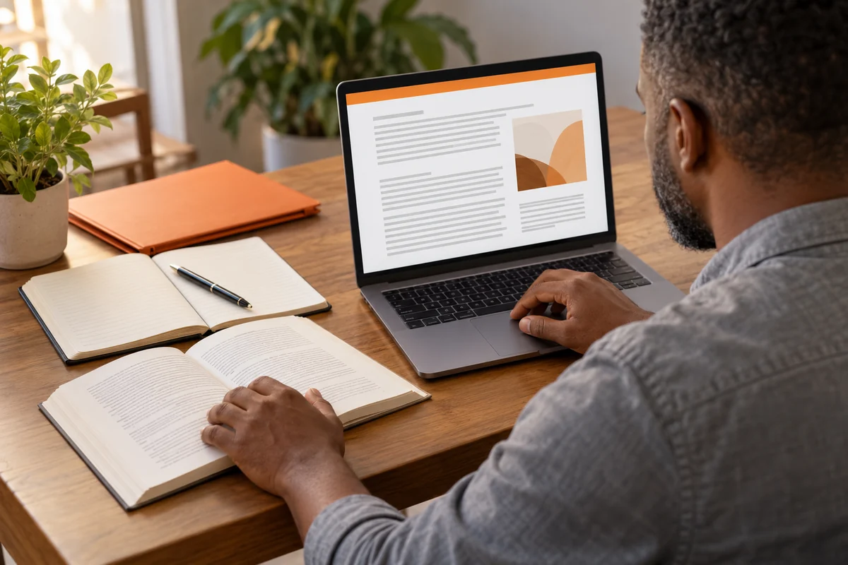 Profissional revisa um artigo conceitual no notebook, com livro e caderno abertos deitados sobre a mesa.