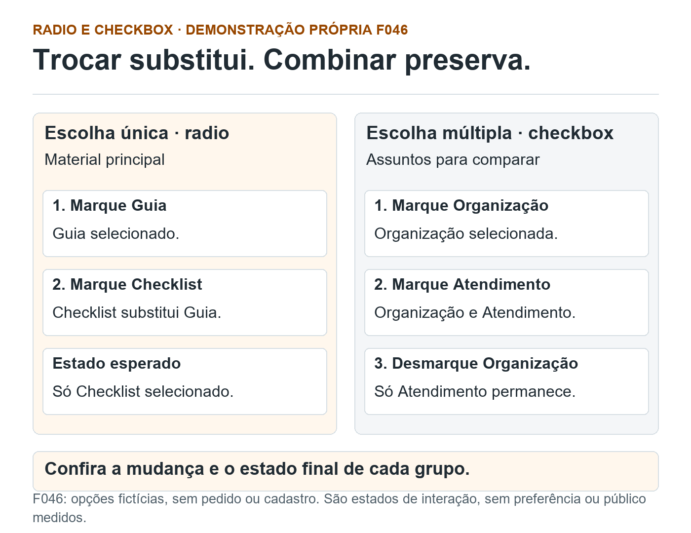 F046: trocar Guia por Checklist no radio mantém só Checklist. Nas caixas, marcar Organização e Atendimento mantém ambas; desmarcar Organização deixa Atendimento.
