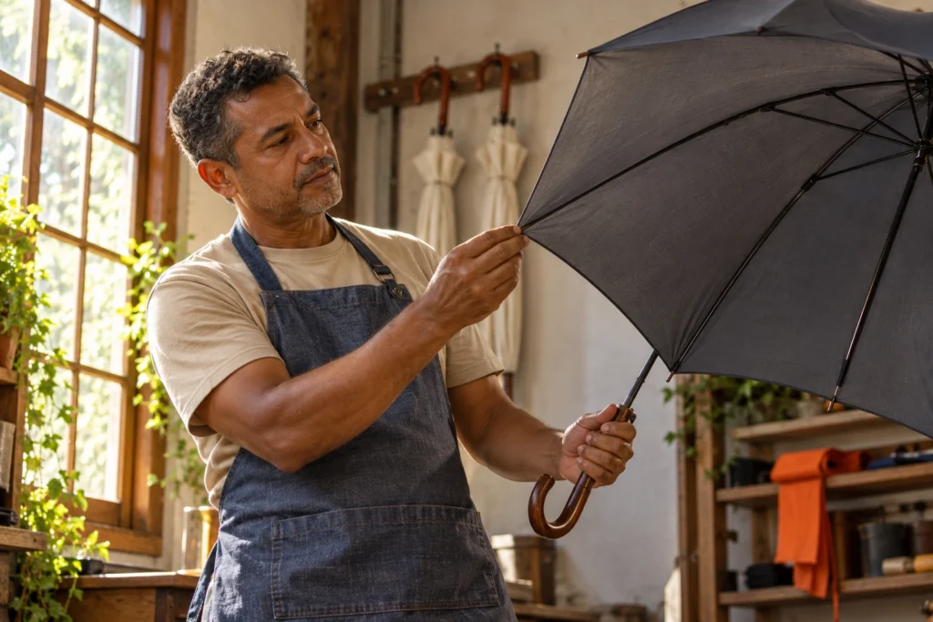 Cena ilustrativa: profissional examina um guarda-chuva grafite aberto numa oficina com guarda-chuvas creme ao fundo. Não representa equipe, cliente ou produção reais.