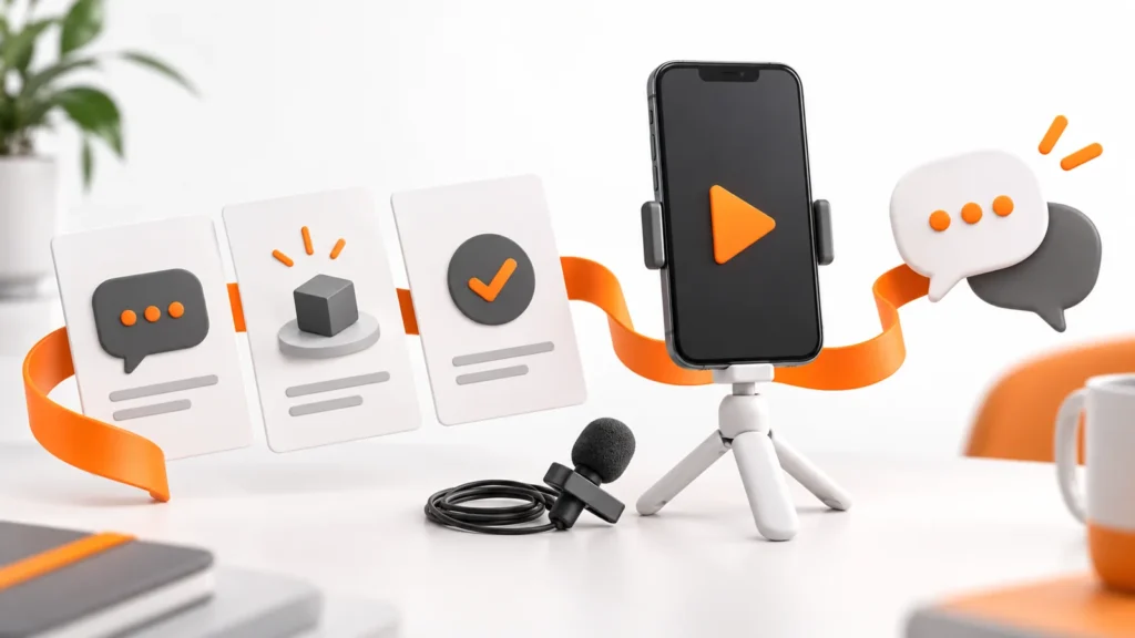 Celular com símbolo de play sobre tripé, microfone de lapela, cartões de roteiro e balões de conversa em branco, grafite e laranja
