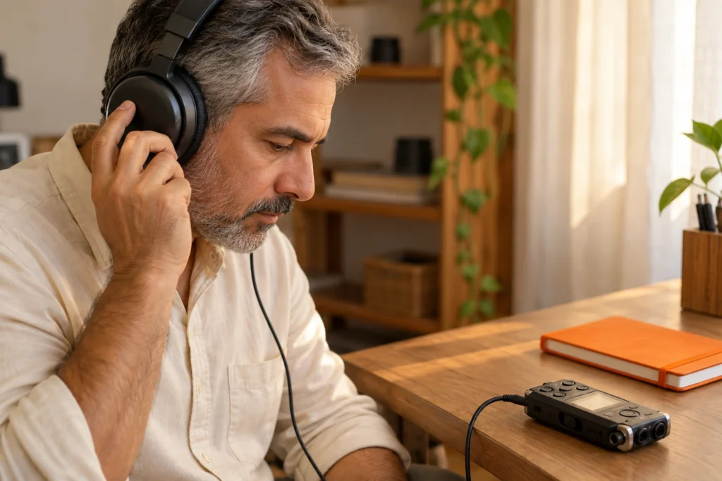 Cena ilustrativa: homem grisalho de camisa creme usa fones grafite e toca uma concha, diante de um gravador portátil e um caderno laranja sobre bancada de madeira.