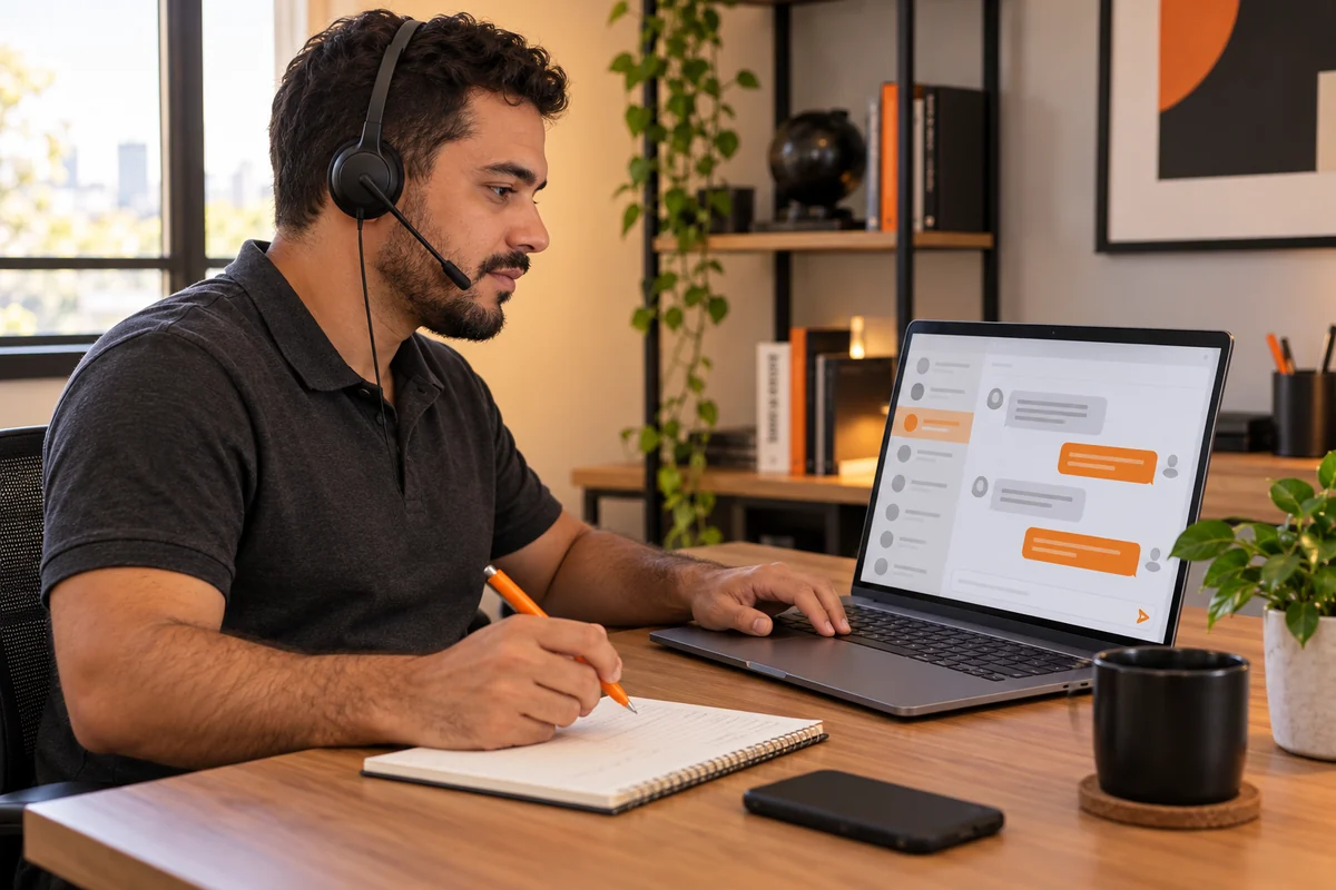 Profissional com headset revisa uma conversa conceitual no notebook e registra anotações em um caderno de face para cima sobre a mesa.