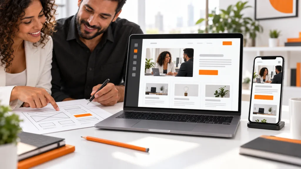 Profissionais planejam um site WordPress em papel, com layout por blocos no notebook e versão correspondente no celular.