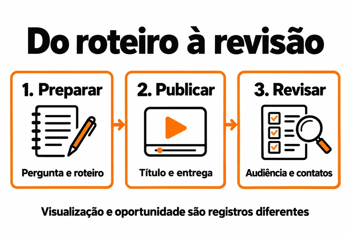 Três etapas organizam o trabalho: preparar pergunta e roteiro, publicar título e entrega, revisar audiência e contatos. Visualização e oportunidade são registros diferentes.